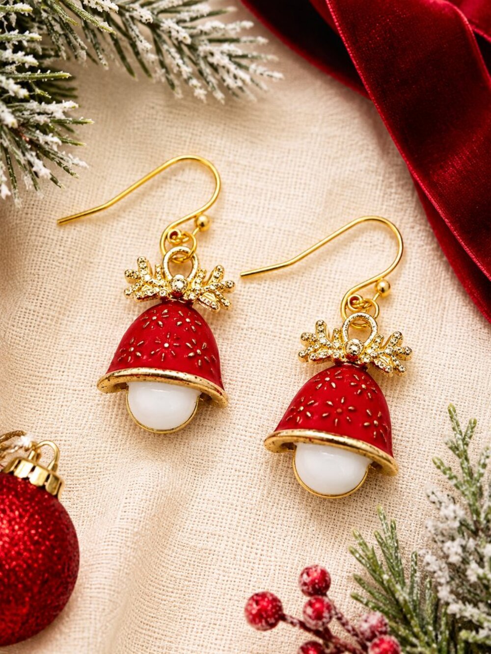 Christmas Bell Earrings Red Enamel Gold Tone Holiday Dangle Jewelry